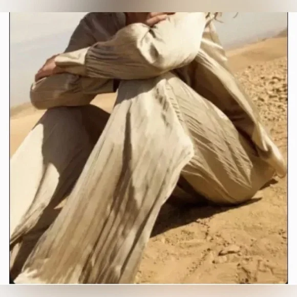 Zara Satin Pants Large Taupe Wide Leg Elastic Waist Lightweight Wrinkle Effect - Picture 6 of 16